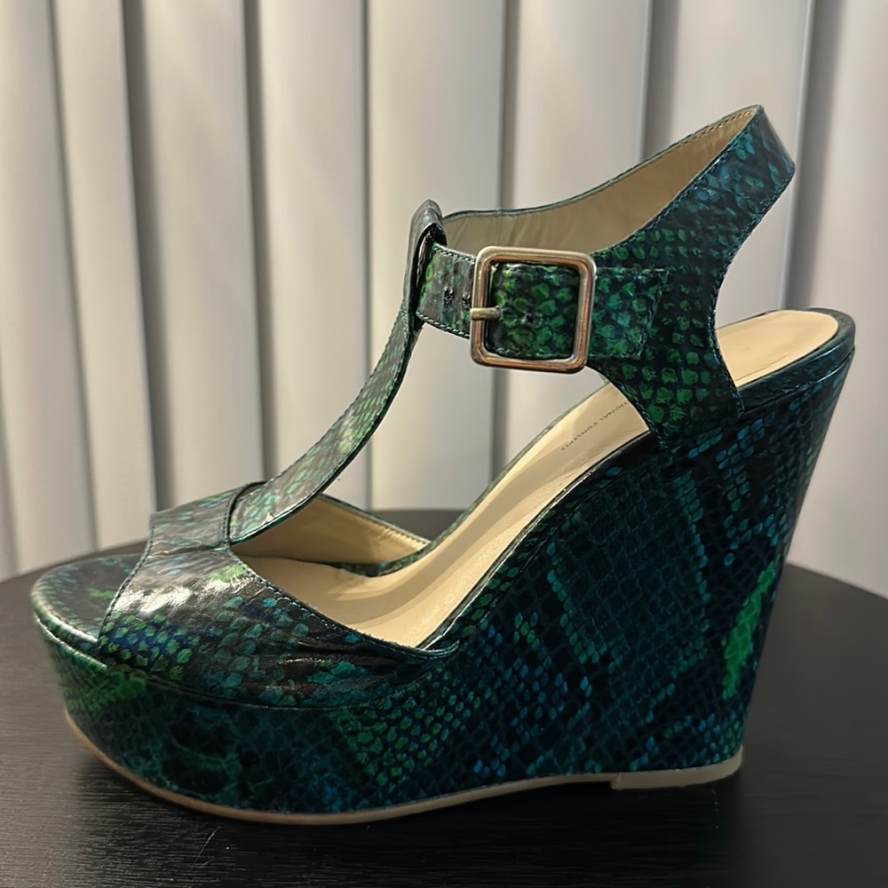 INC Darma Green Snakeskin Print Wedges